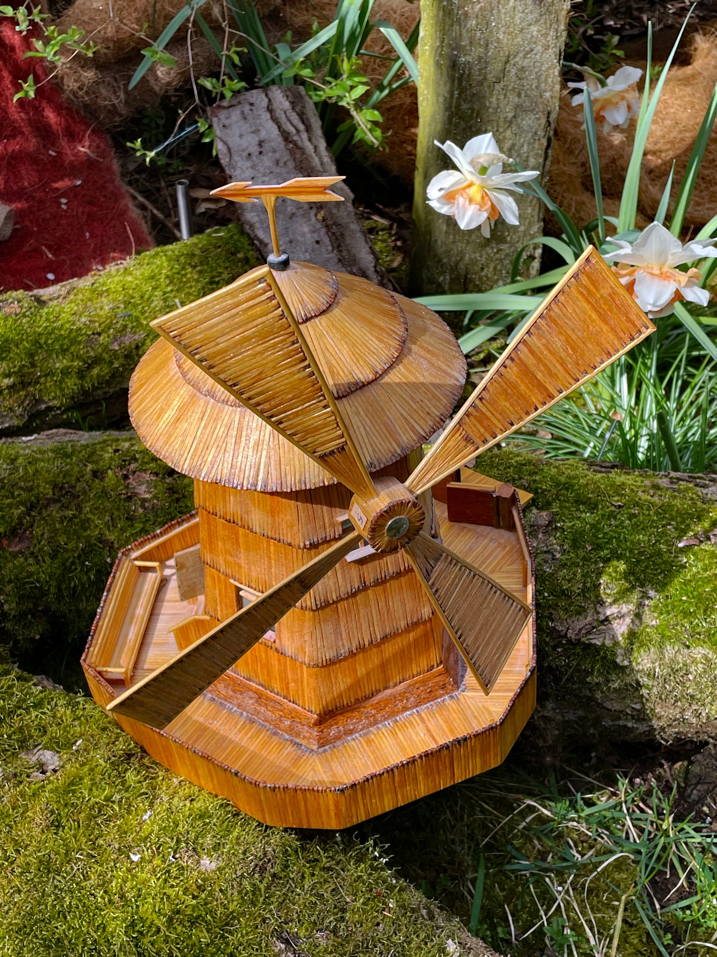 Vintage Matchstick Windmill with Light & Turning Blades – Tramp Art Folk Sculpture, 1950s–70s