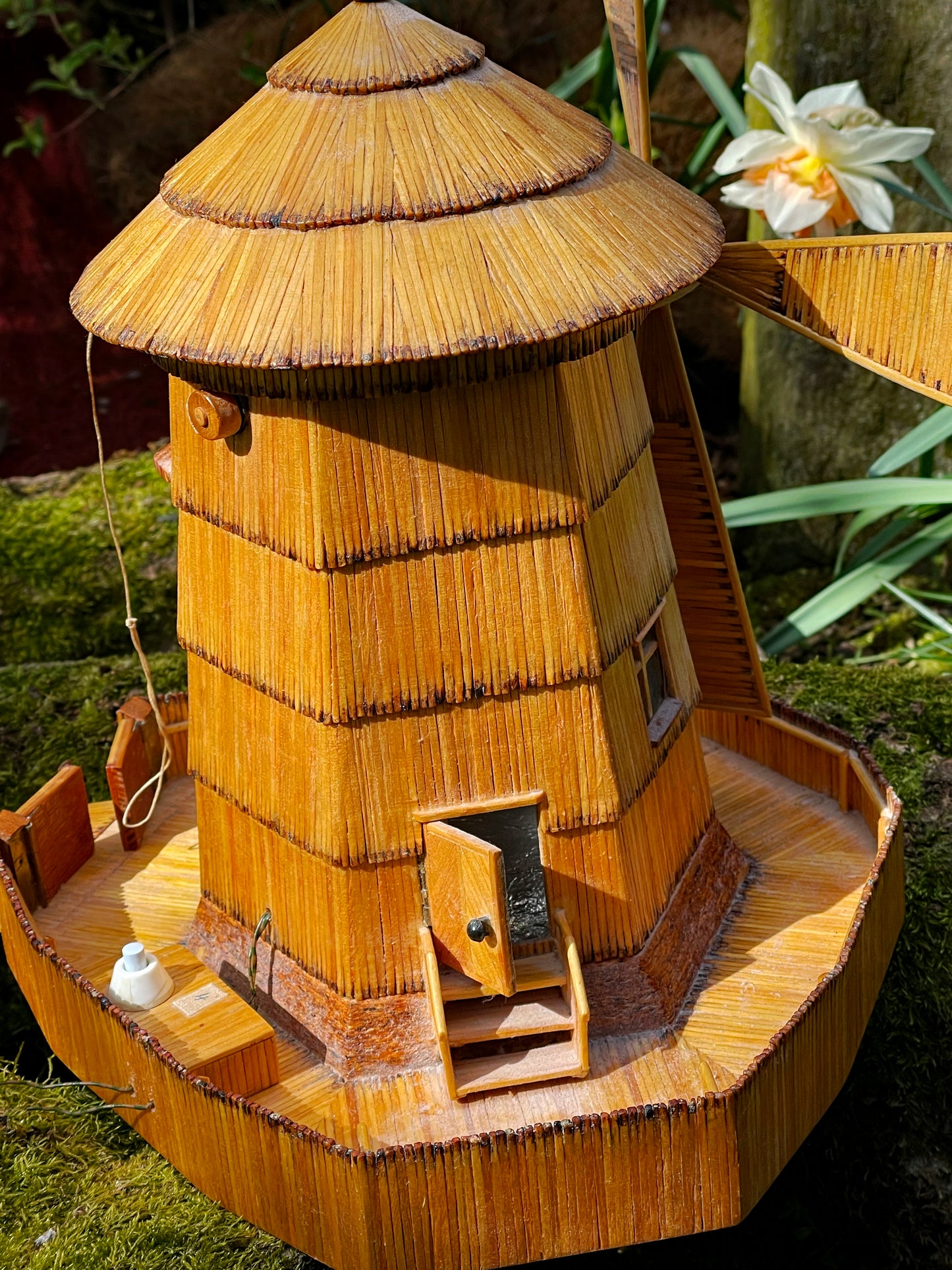 Vintage Matchstick Windmill with Light & Turning Blades – Tramp Art Folk Sculpture, 1950s–70s