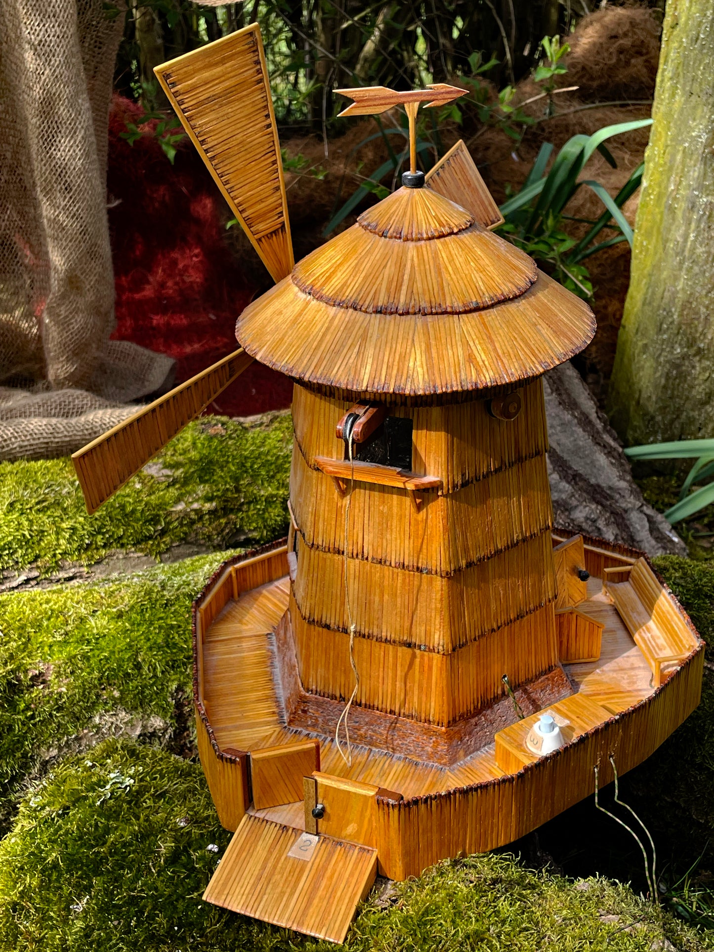 Vintage Matchstick Windmill with Light & Turning Blades – Tramp Art Folk Sculpture, 1950s–70s