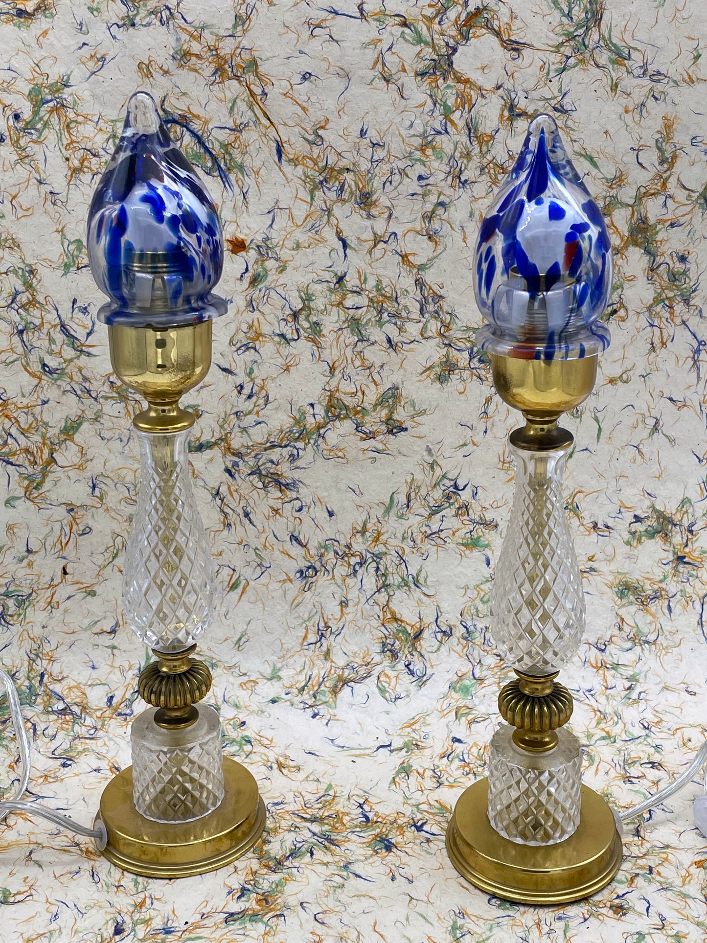 Matched pair of crystal lamps with cobalt Murano shades and gilt-brass bases