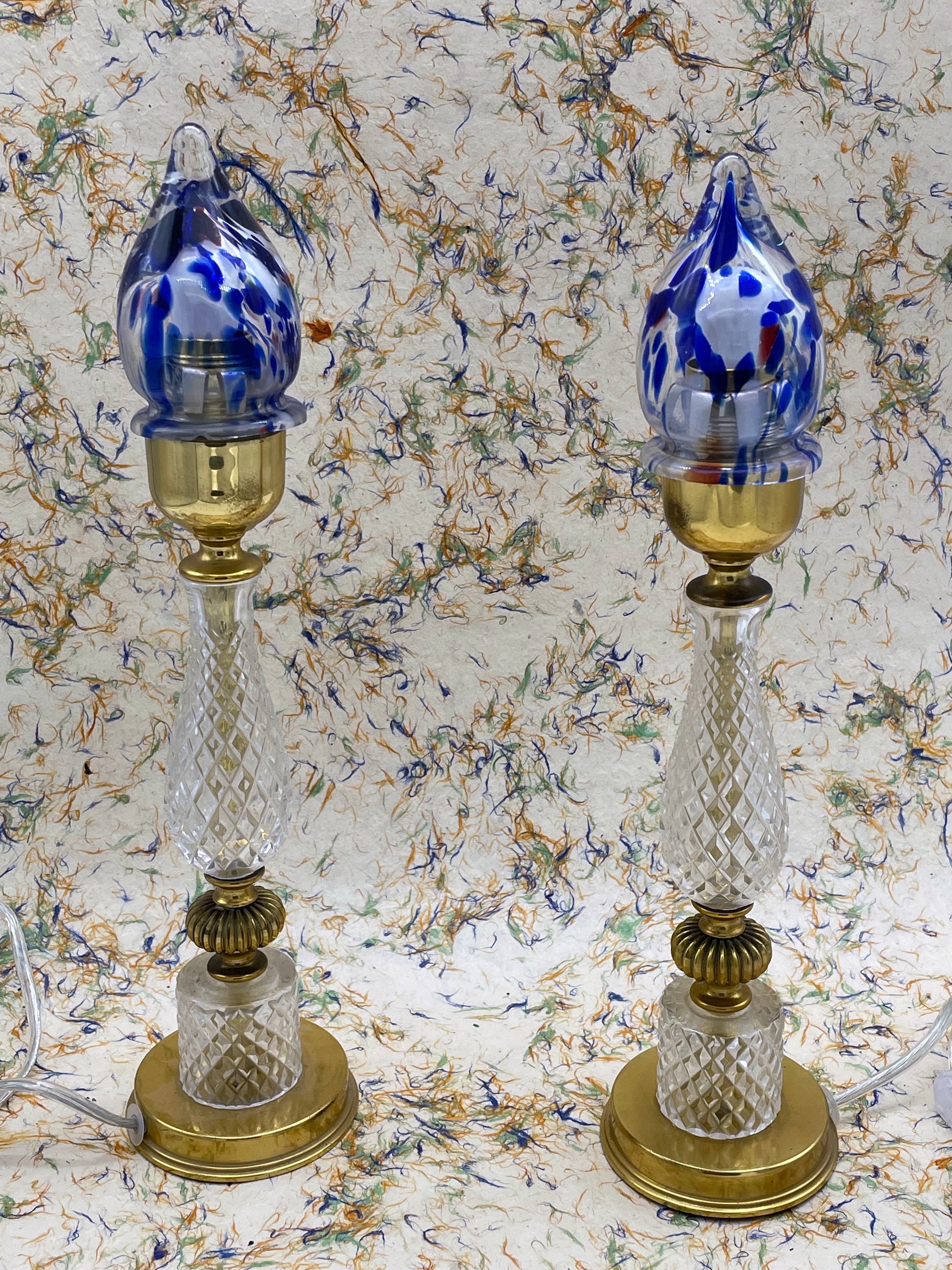 Matched pair of crystal lamps with cobalt Murano shades and gilt-brass bases