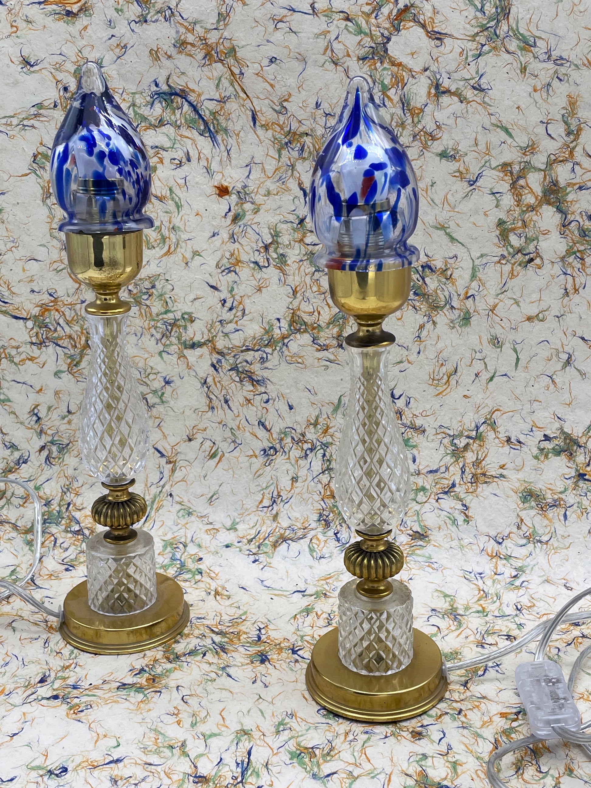 Pair of vintage Italian crystal table lamps with blue Murano glass flame shades