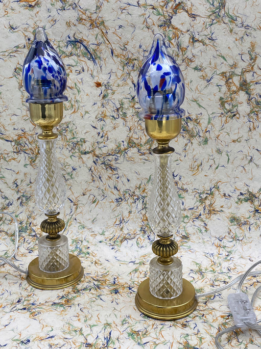 Pair of vintage Italian crystal table lamps with blue Murano glass flame shades