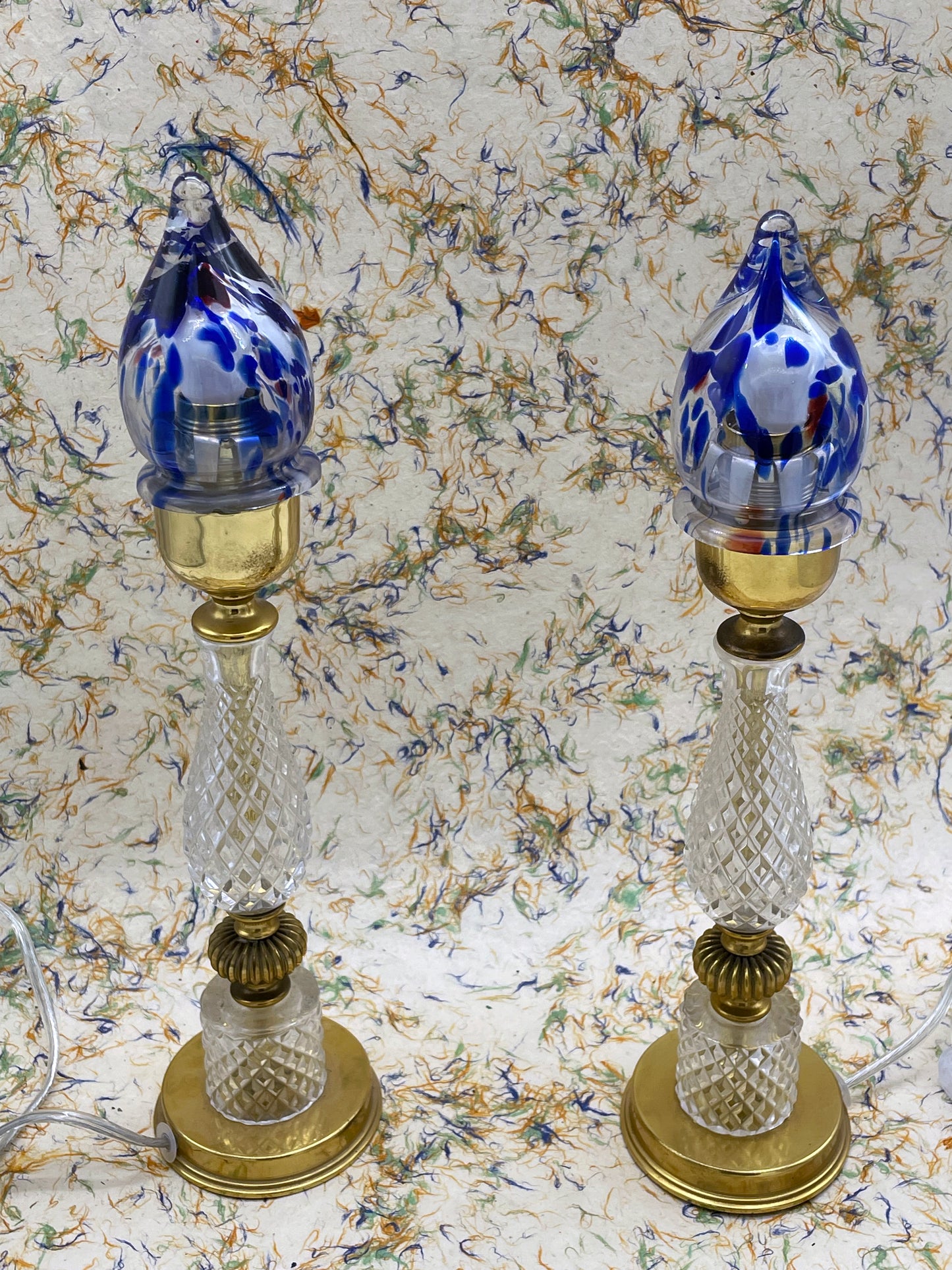Two vintage crystal Murano glass table lamps standing side by side