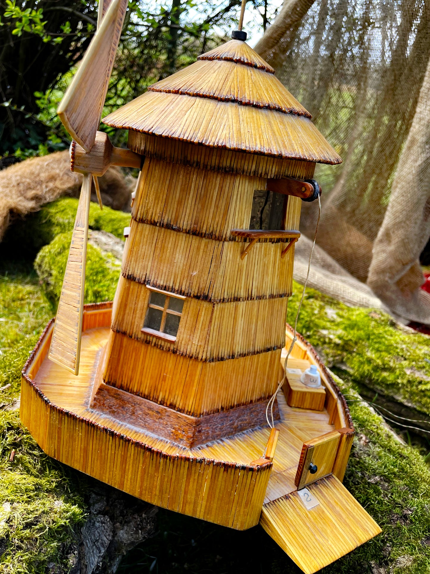 Vintage Matchstick Windmill with Light & Turning Blades – Tramp Art Folk Sculpture, 1950s–70s