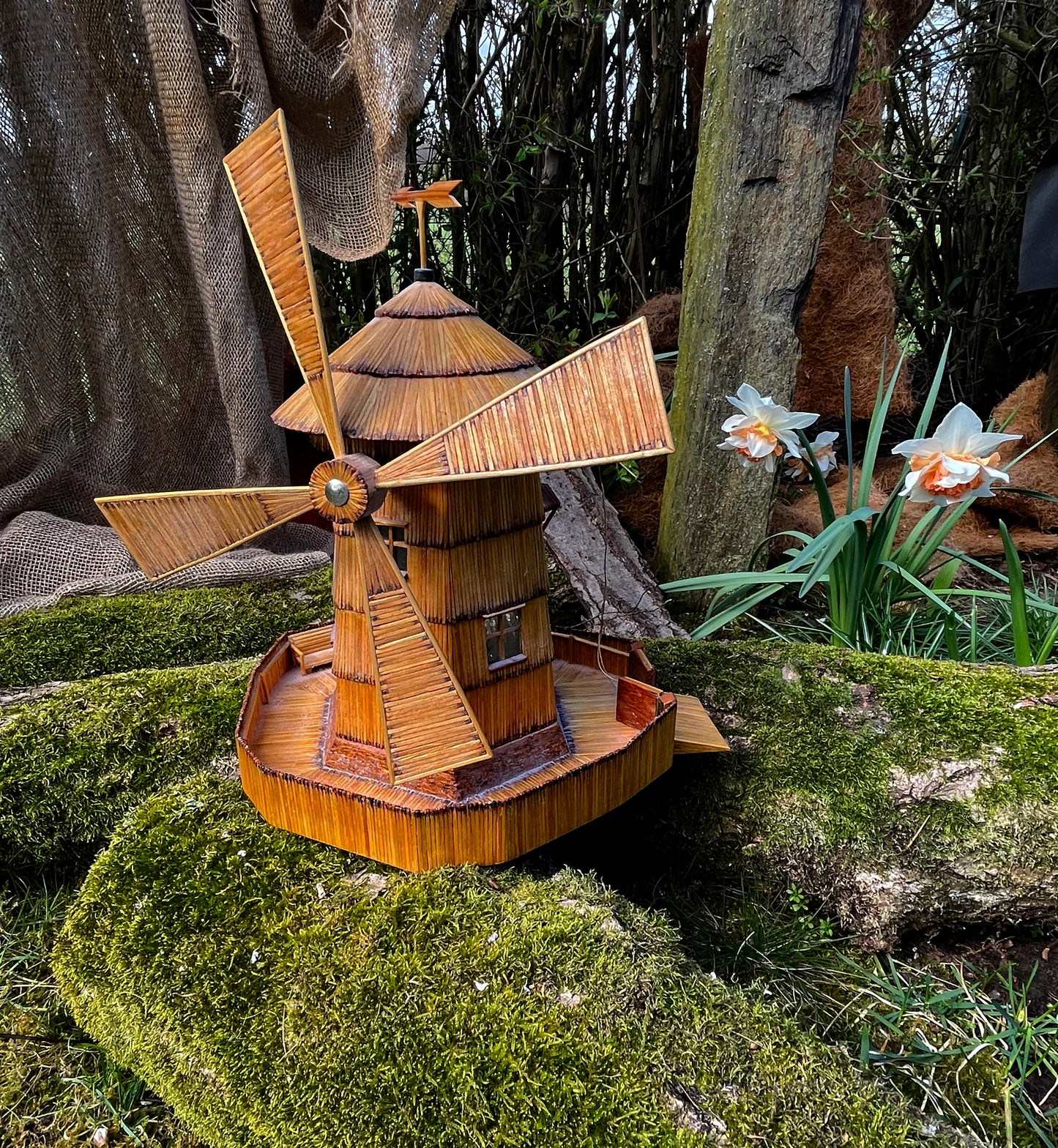 Vintage Matchstick Windmill with Light & Turning Blades – Tramp Art Folk Sculpture, 1950s–70s
