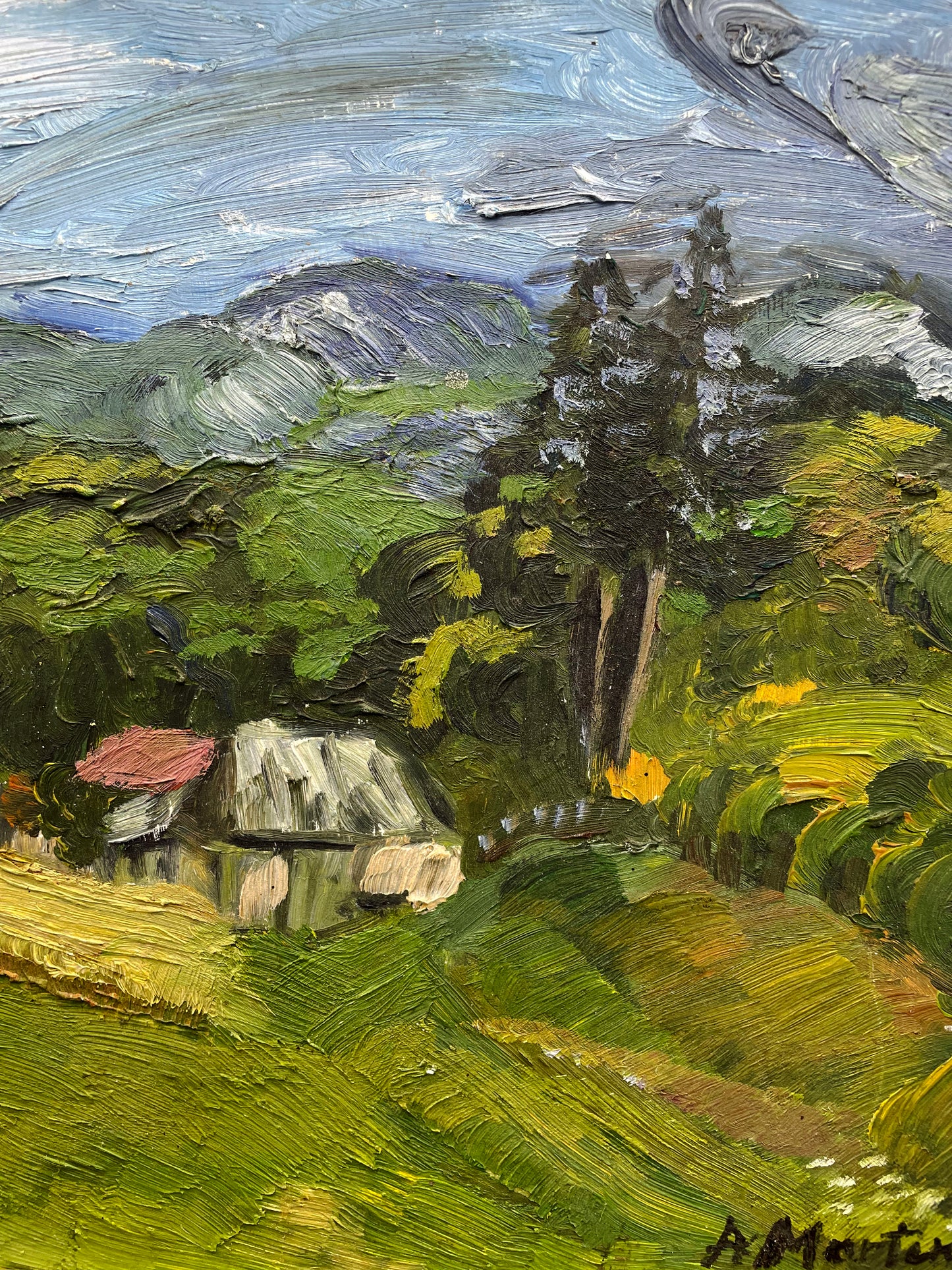 Oil landscape painting of red-roofed cottages on a green hillside with blue mountains
