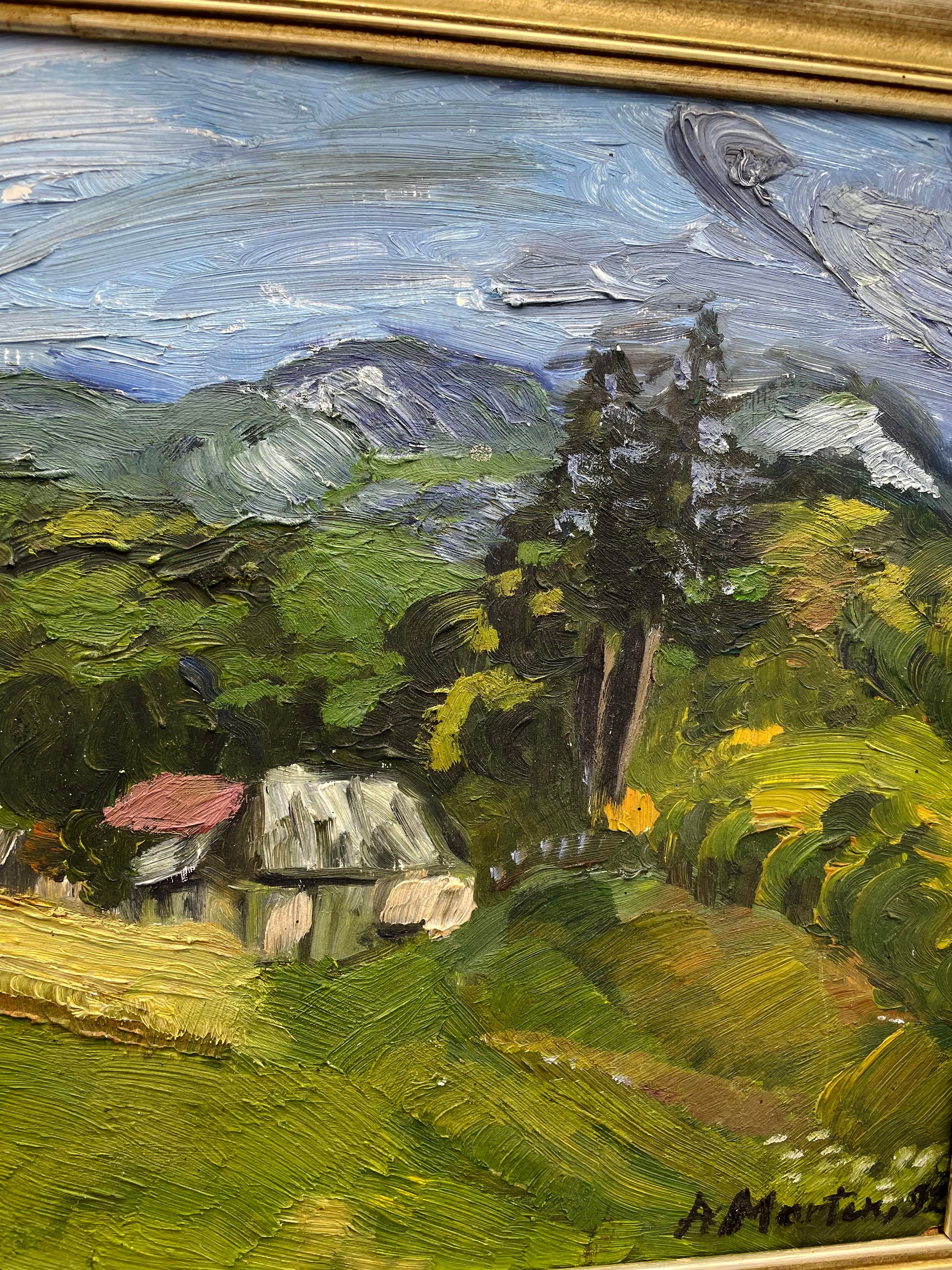 Detail of impasto brushwork showing a cottage beside a tall conifer tree