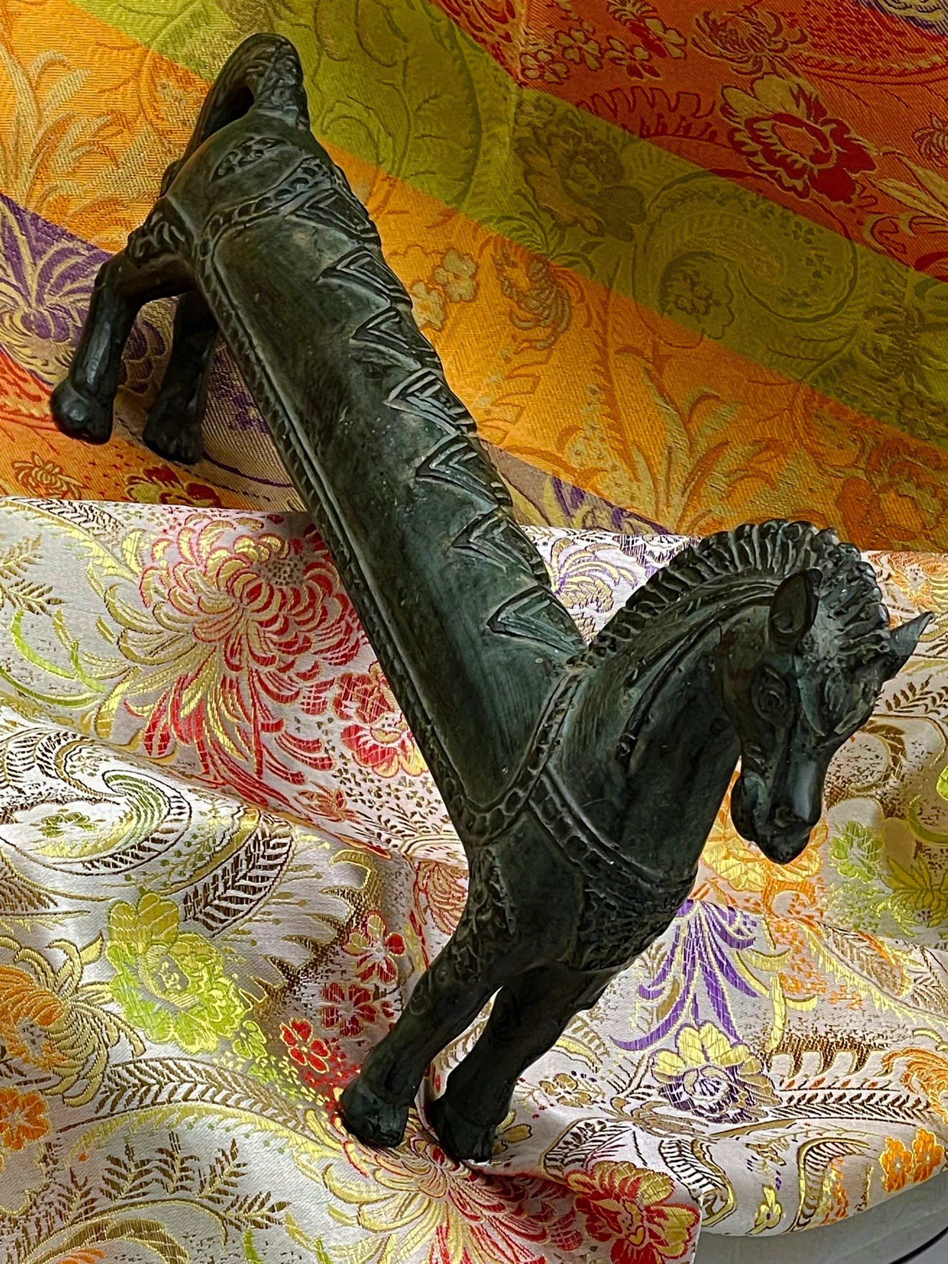 Front three-quarter view of the Indonesian bronze horse sculpture