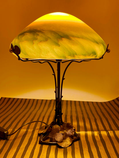 Artistic French Wrought Iron Table Lamp with Pâte de Verre Shade | Gingko Decor