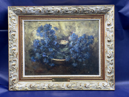 Blue Cornflowers, N. Alexandrescu (1946) – Oil on Wood, Original Exhibition Stamp