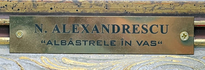 Blue Cornflowers, N. Alexandrescu (1946) – Oil on Wood, Original Exhibition Stamp