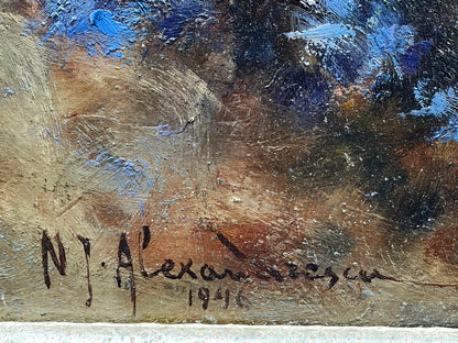 Blue Cornflowers, N. Alexandrescu (1946) – Oil on Wood, Original Exhibition Stamp