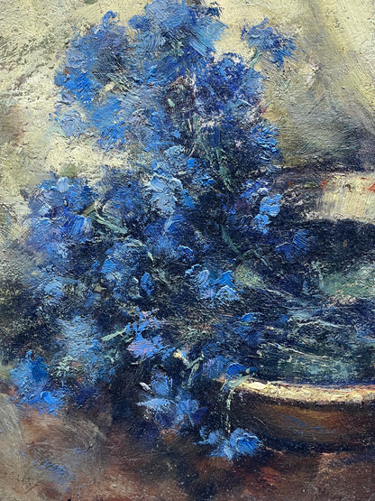Blue Cornflowers, N. Alexandrescu (1946) – Oil on Wood, Original Exhibition Stamp
