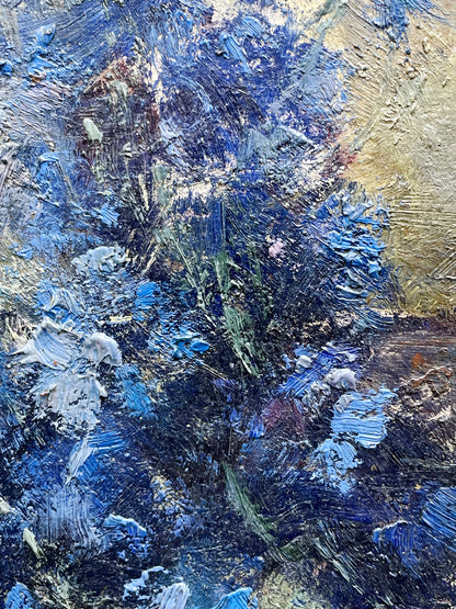 Blue Cornflowers, N. Alexandrescu (1946) – Oil on Wood, Original Exhibition Stamp