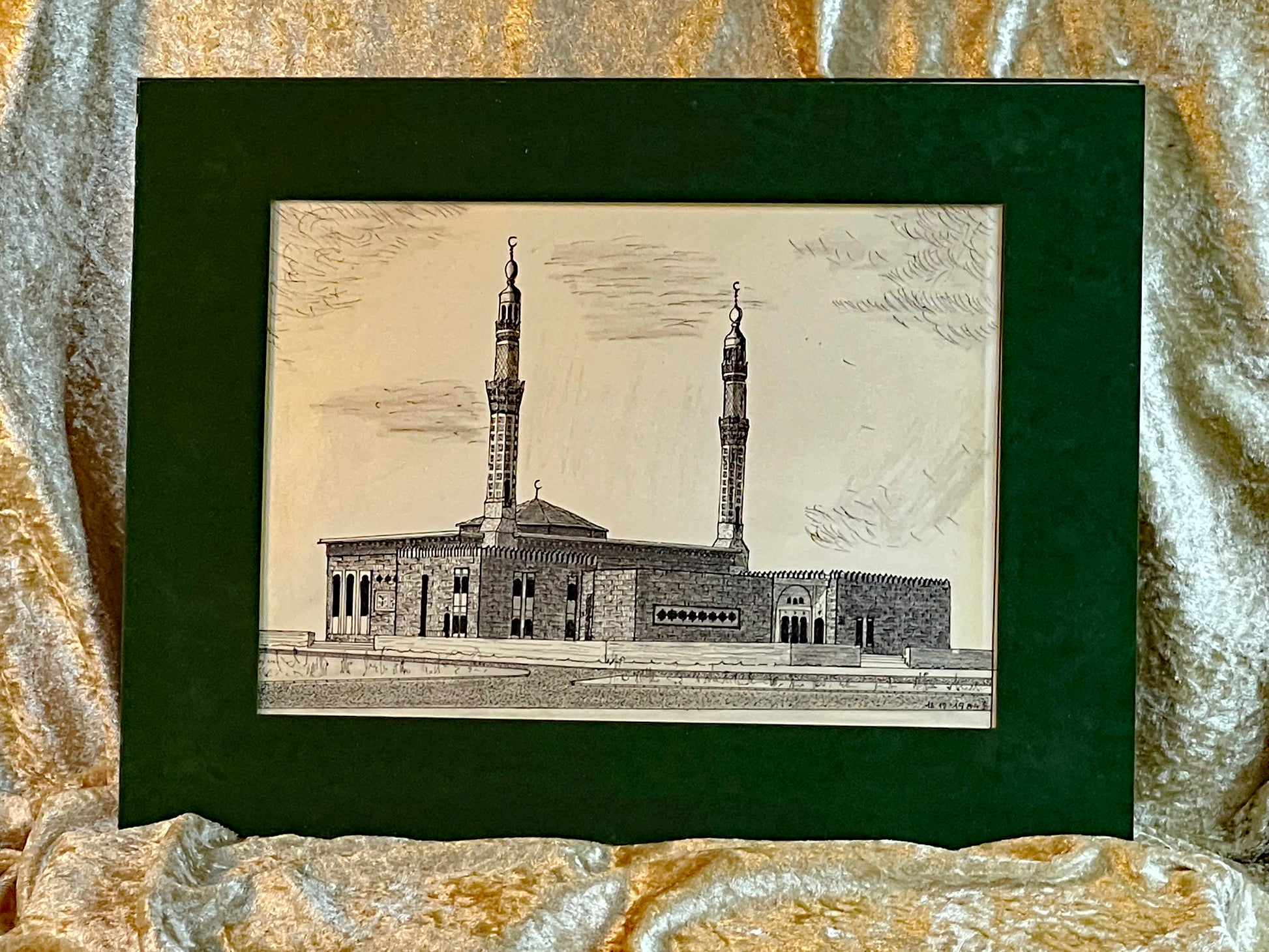 Hand-drawn Turkish mosque with twin minarets in dark green velvet passepartout, ivory paper