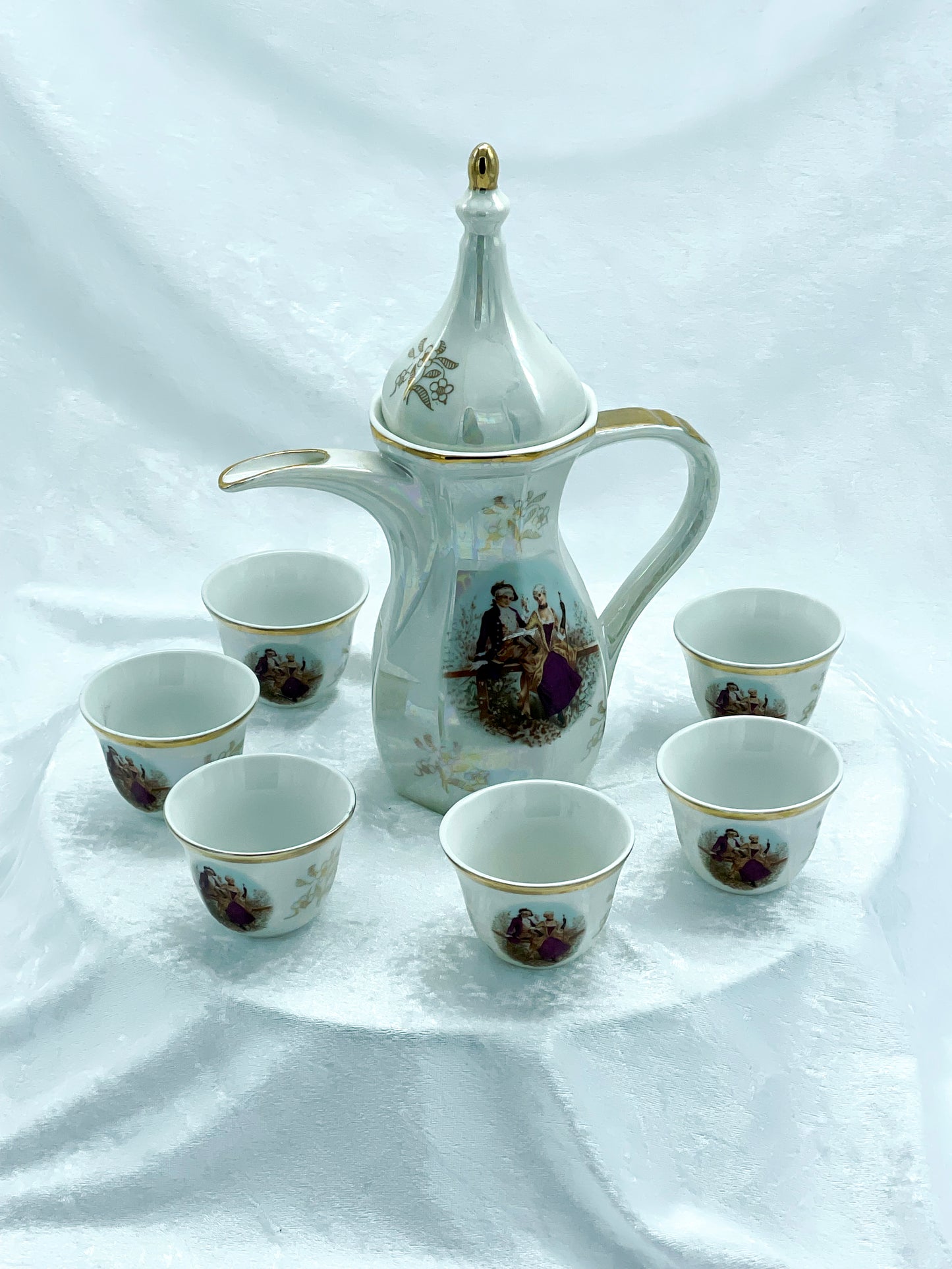 Vintage Japanese lustreware mocha service, gilt coffee pot and six Fragonard cups