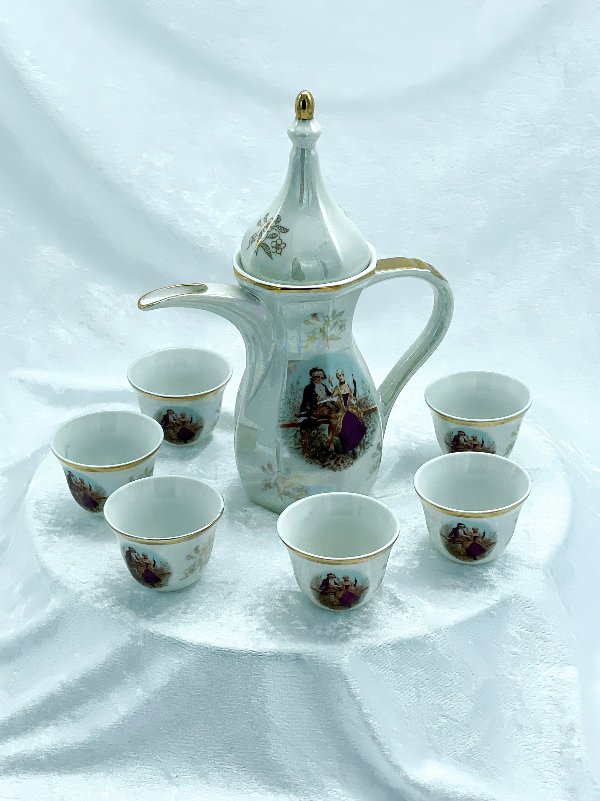 Vintage Japanese lustreware mocha service, gilt coffee pot and six Fragonard cups