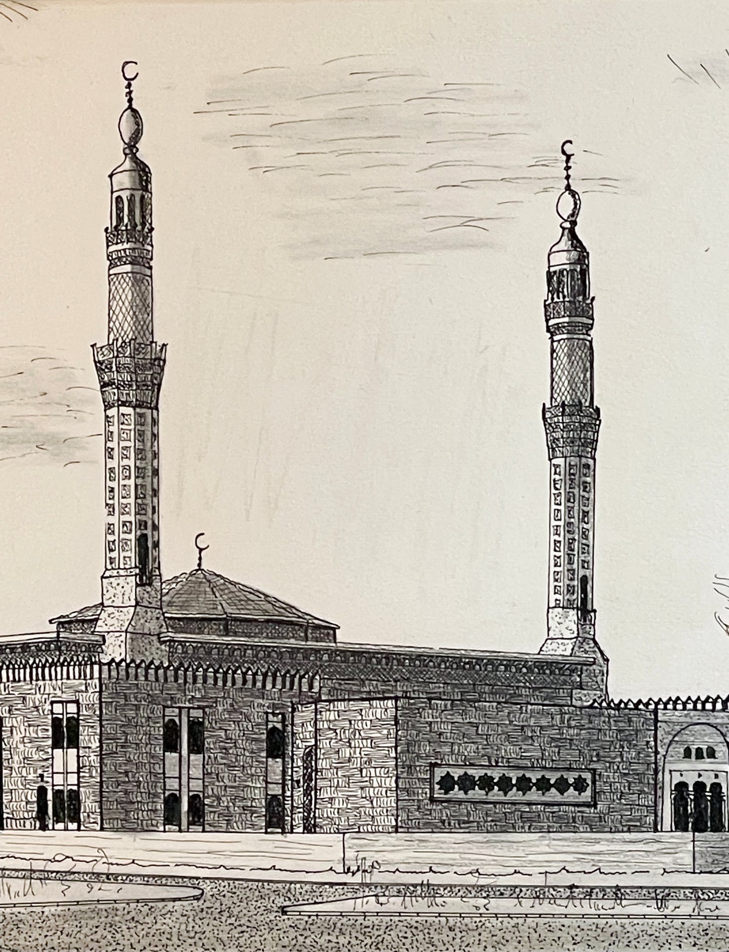 Detail of hatched sky and decorative minarets in original Turkish travel drawing