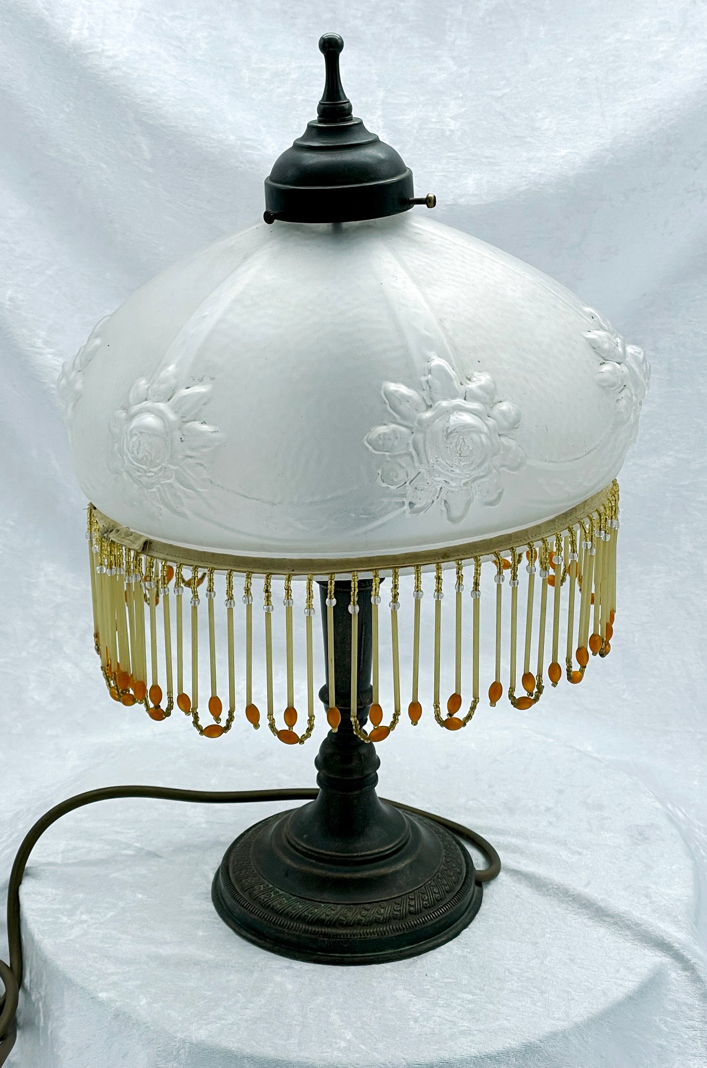 Vintage French boudoir table lamp with frosted rose glass shade and amber beaded fringe, full view