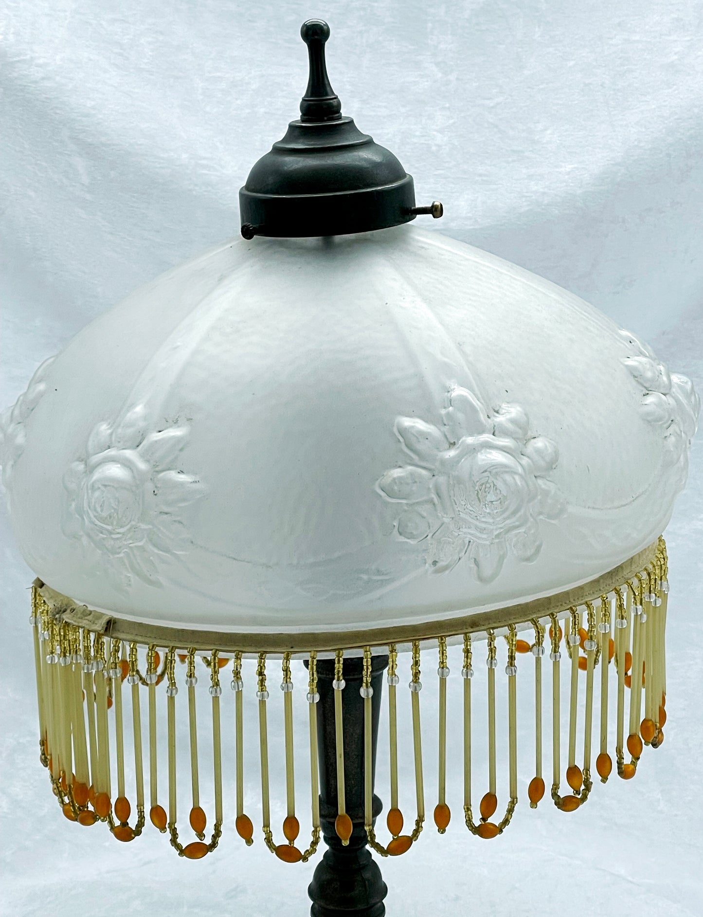 Frosted satin glass dome shade moulded with relief rose garlands, three-quarter view