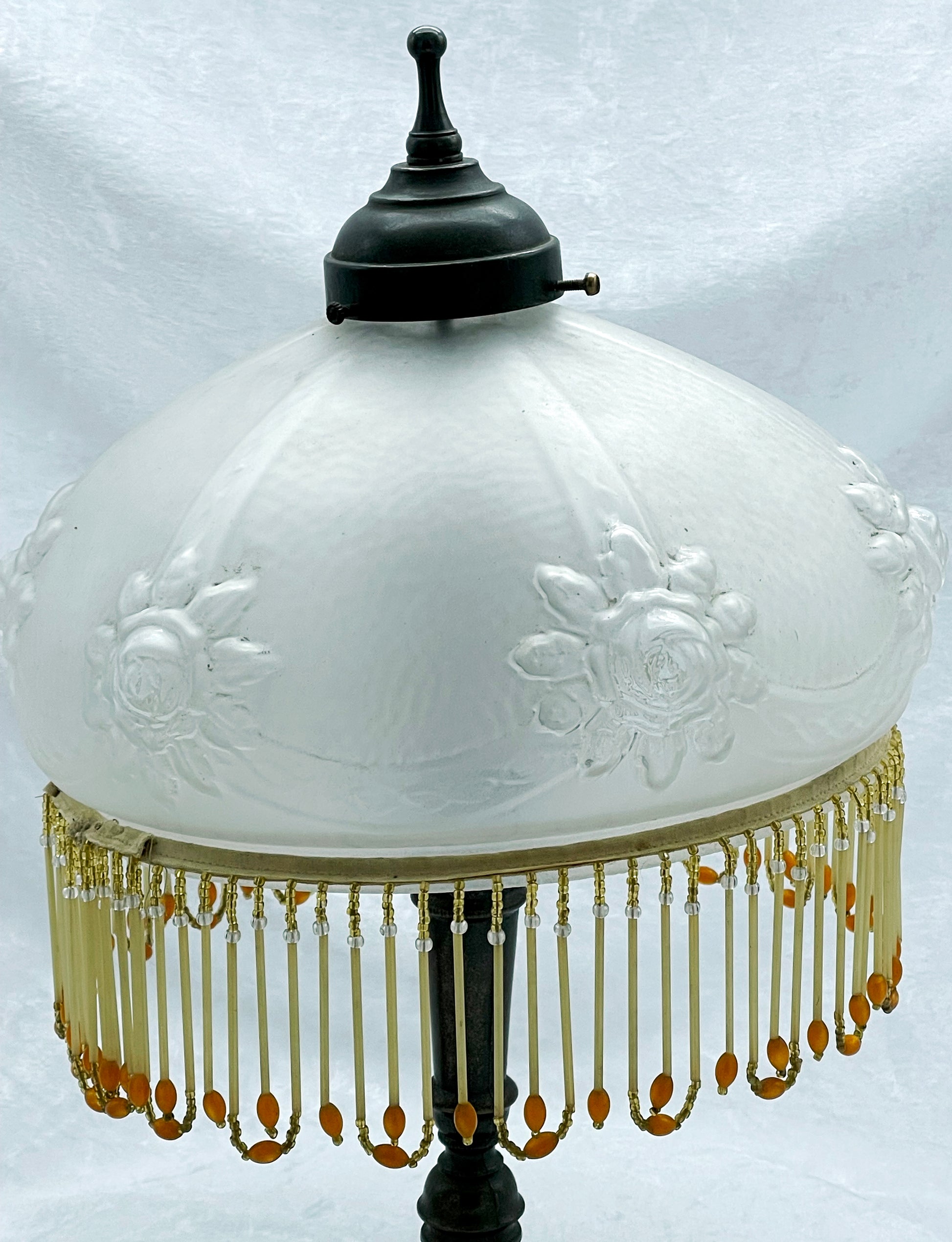 Frosted satin glass dome shade moulded with relief rose garlands, three-quarter view