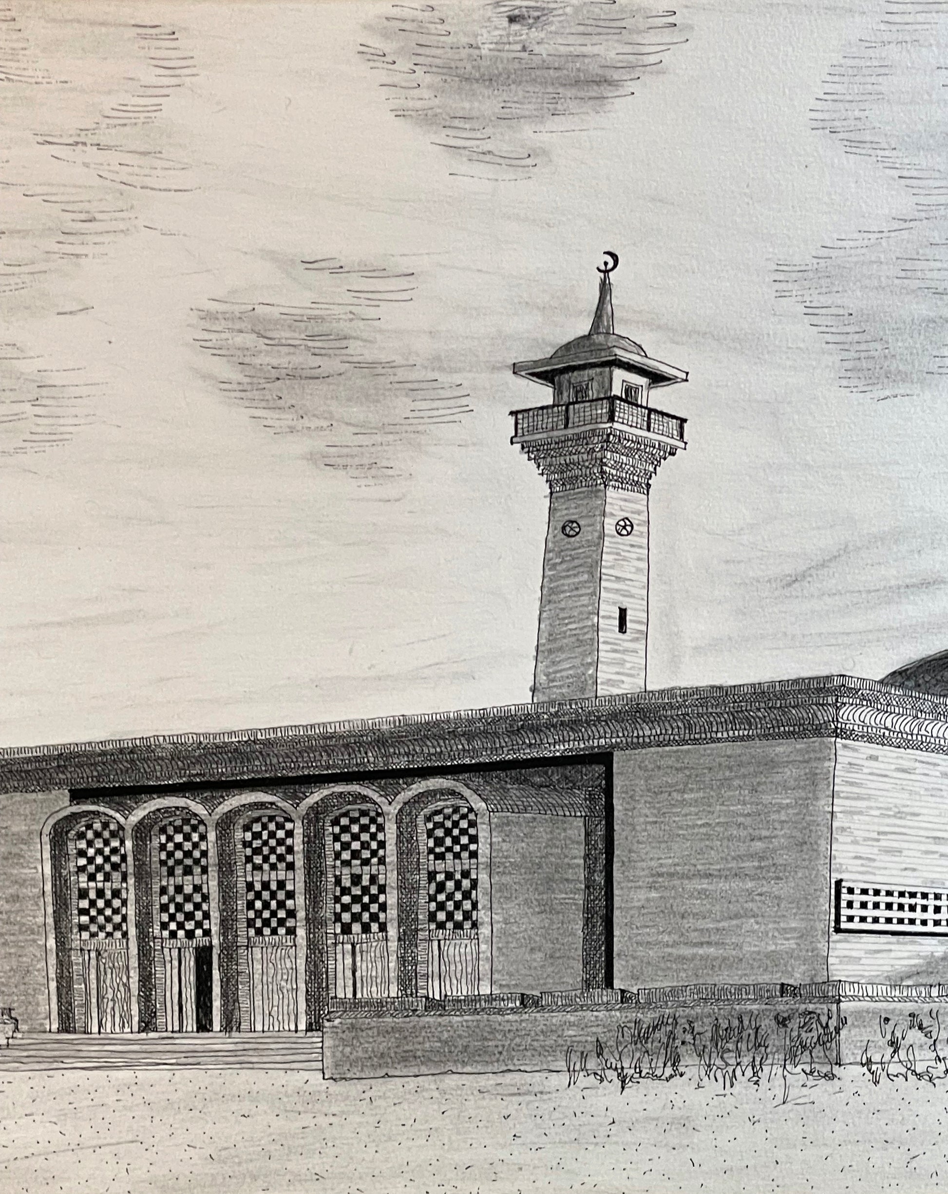 Original travel sketch of a Turkish mosque with two minarets in dark green velvet mount