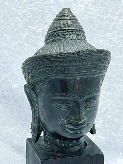 Antique Southeast Asian Bronze Buddha Head Sculpture – Khmer Style – Verdigris Patina – Mounted on Wooden Stand