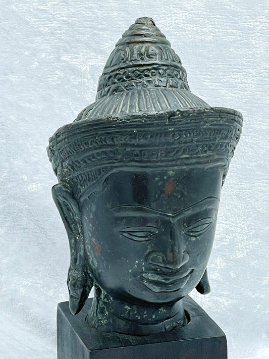 Antique Southeast Asian Bronze Buddha Head Sculpture – Khmer Style – Verdigris Patina – Mounted on Wooden Stand