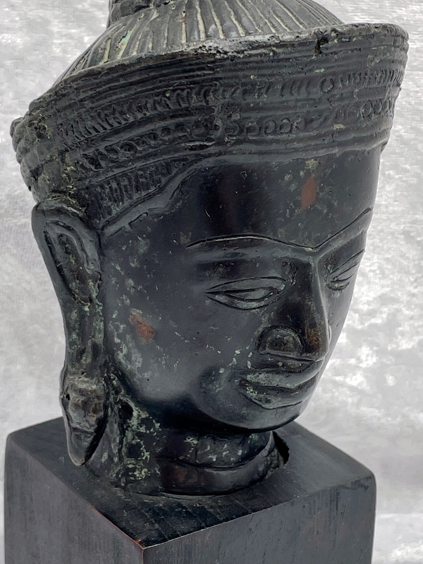 Antique Southeast Asian Bronze Buddha Head Sculpture – Khmer Style – Verdigris Patina – Mounted on Wooden Stand