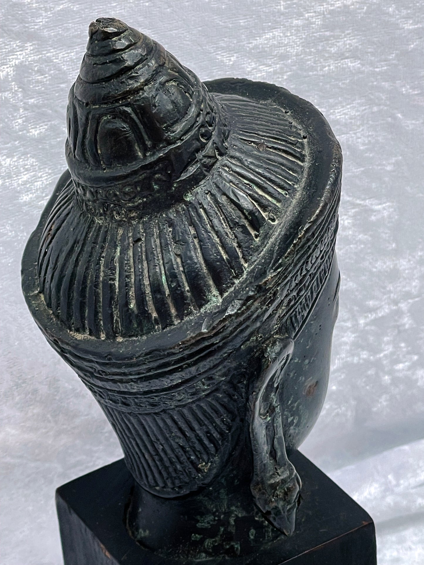 Antique Southeast Asian Bronze Buddha Head Sculpture – Khmer Style – Verdigris Patina – Mounted on Wooden Stand