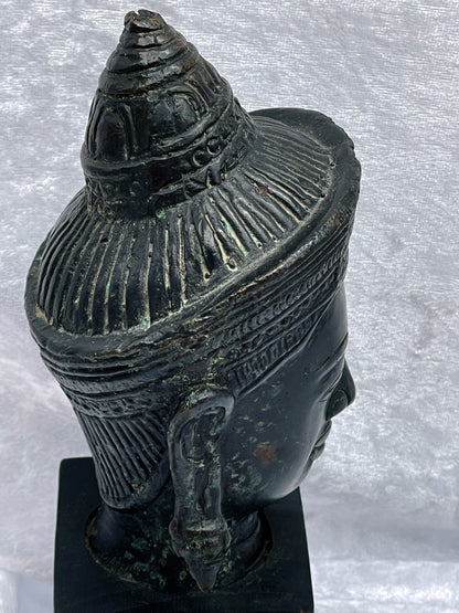 Antique Southeast Asian Bronze Buddha Head Sculpture – Khmer Style – Verdigris Patina – Mounted on Wooden Stand