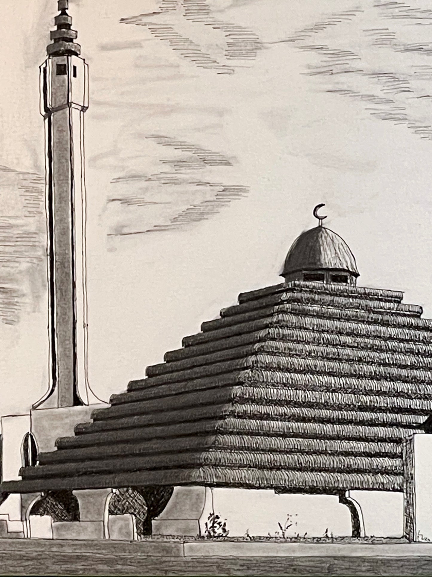 Close-up of a single minaret and arcaded mosque wall showing hand-drawn detail