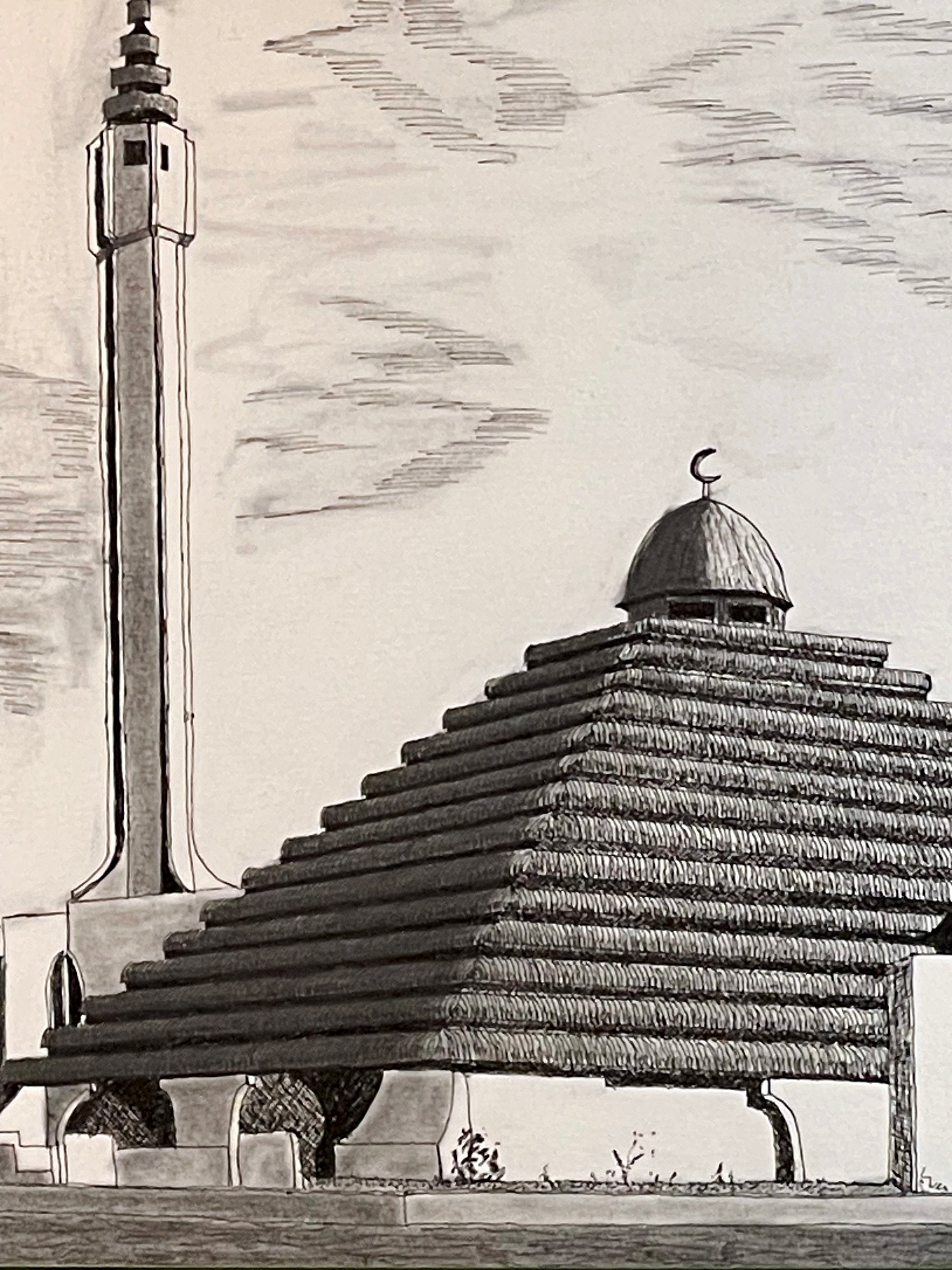 Close-up of a single minaret and arcaded mosque wall showing hand-drawn detail