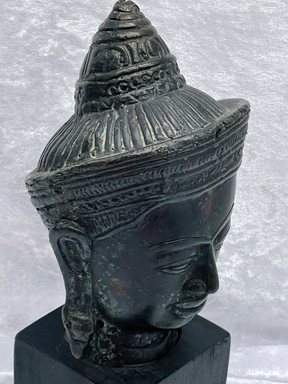 Antique Southeast Asian Bronze Buddha Head Sculpture – Khmer Style – Verdigris Patina – Mounted on Wooden Stand