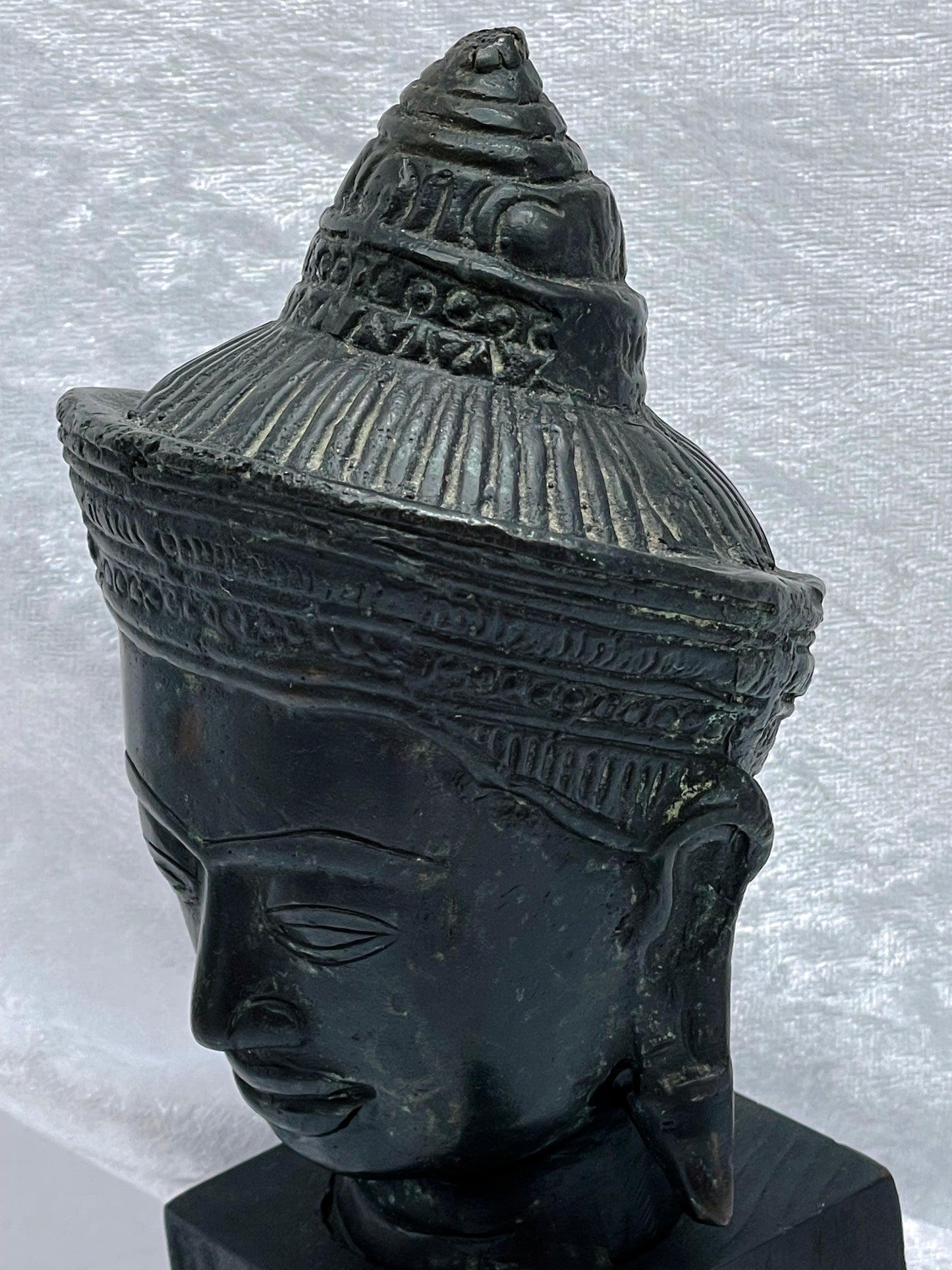 Antique Southeast Asian Bronze Buddha Head Sculpture – Khmer Style – Verdigris Patina – Mounted on Wooden Stand