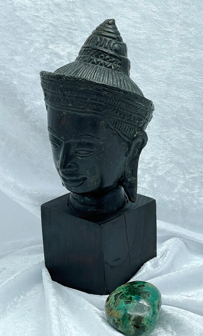 Antique Southeast Asian Bronze Buddha Head Sculpture – Khmer Style – Verdigris Patina – Mounted on Wooden Stand