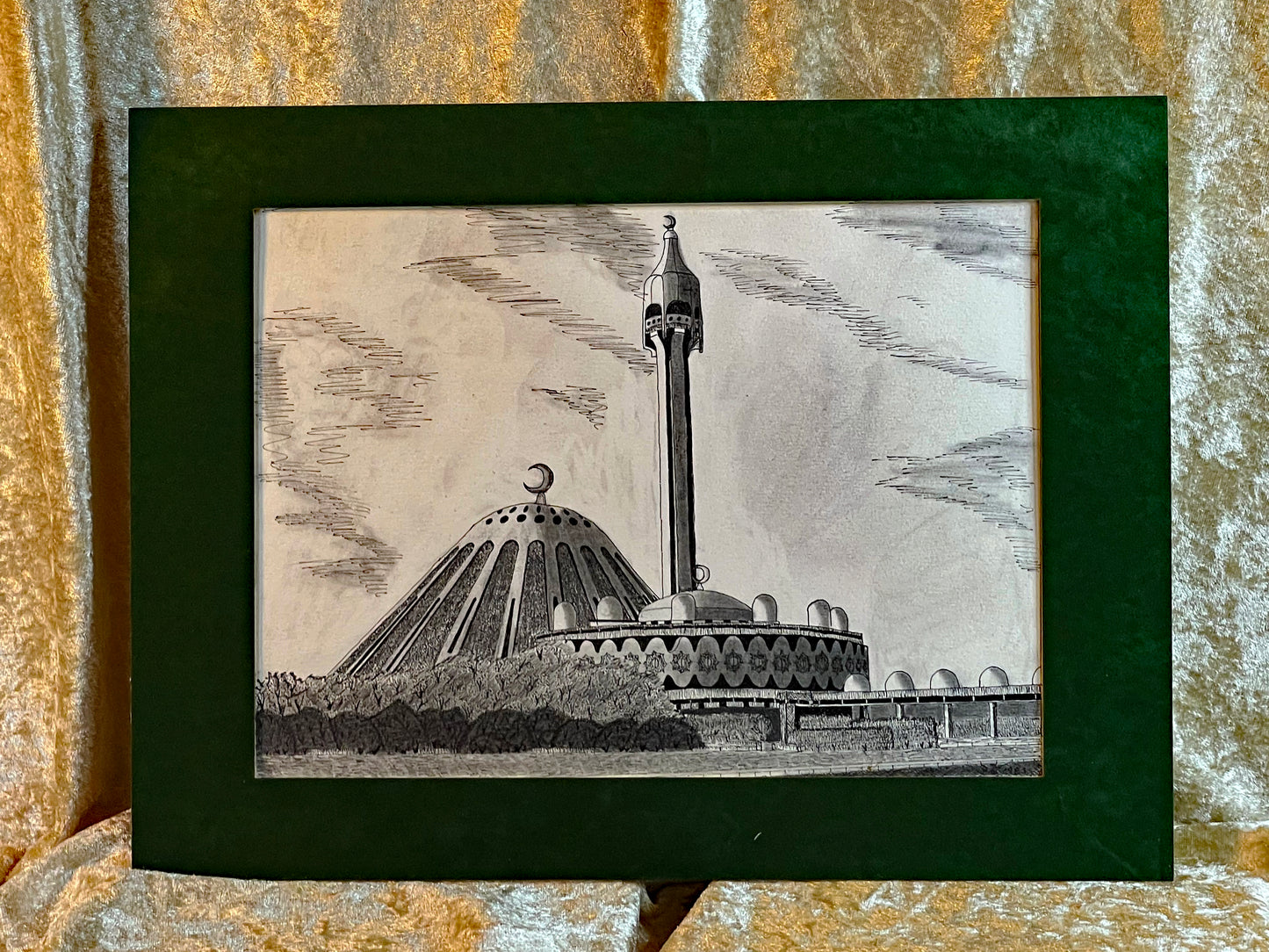 Detail of a stepped pyramidal mosque roof and minaret in pen and ink
