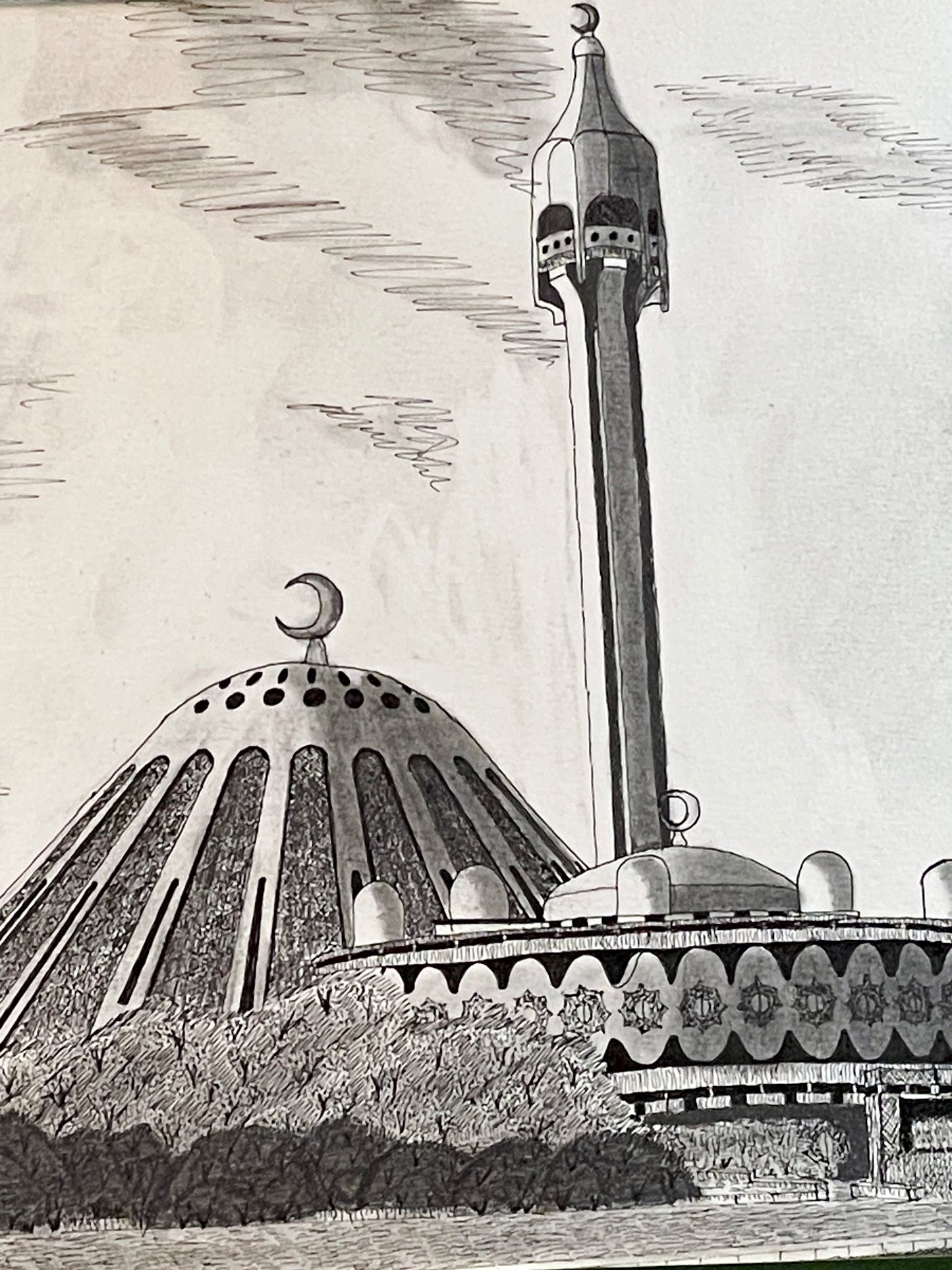 Pen and ink drawing of a Turkish mosque with conical dome and slender minaret, velvet mounted