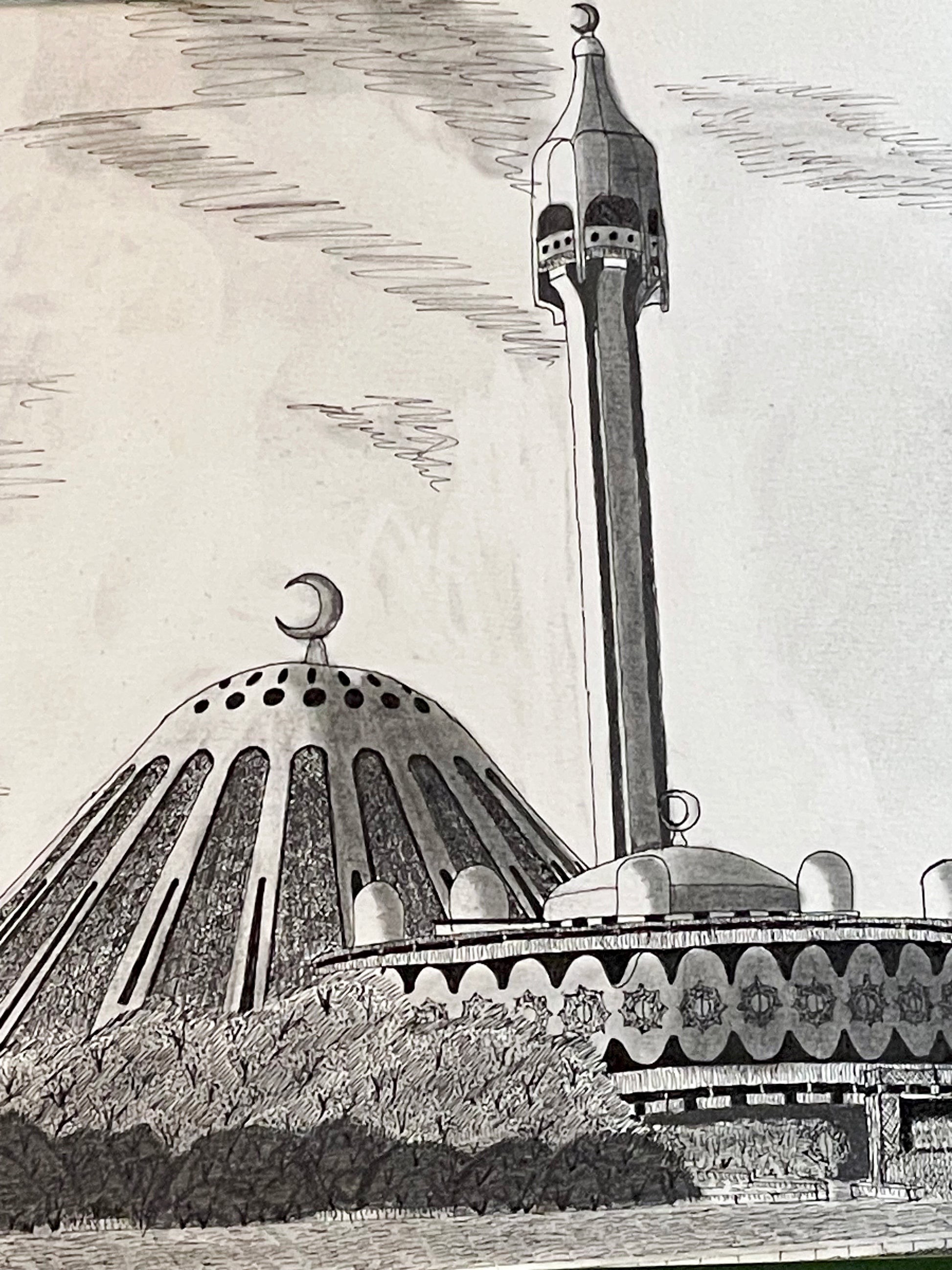 Pen and ink drawing of a Turkish mosque with conical dome and slender minaret, velvet mounted