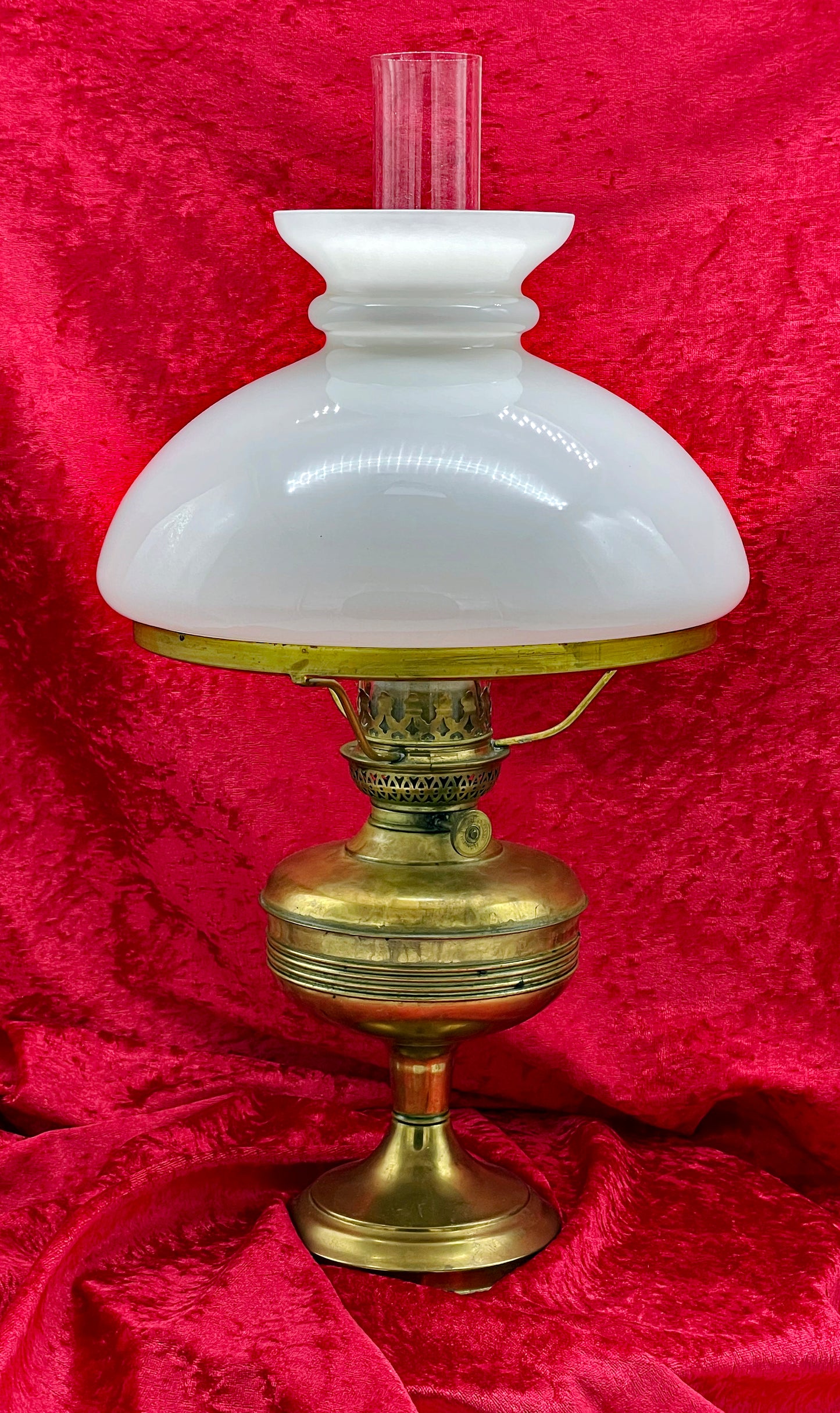 Vintage French brass oil lamp with white opaline dome shade and glass chimney