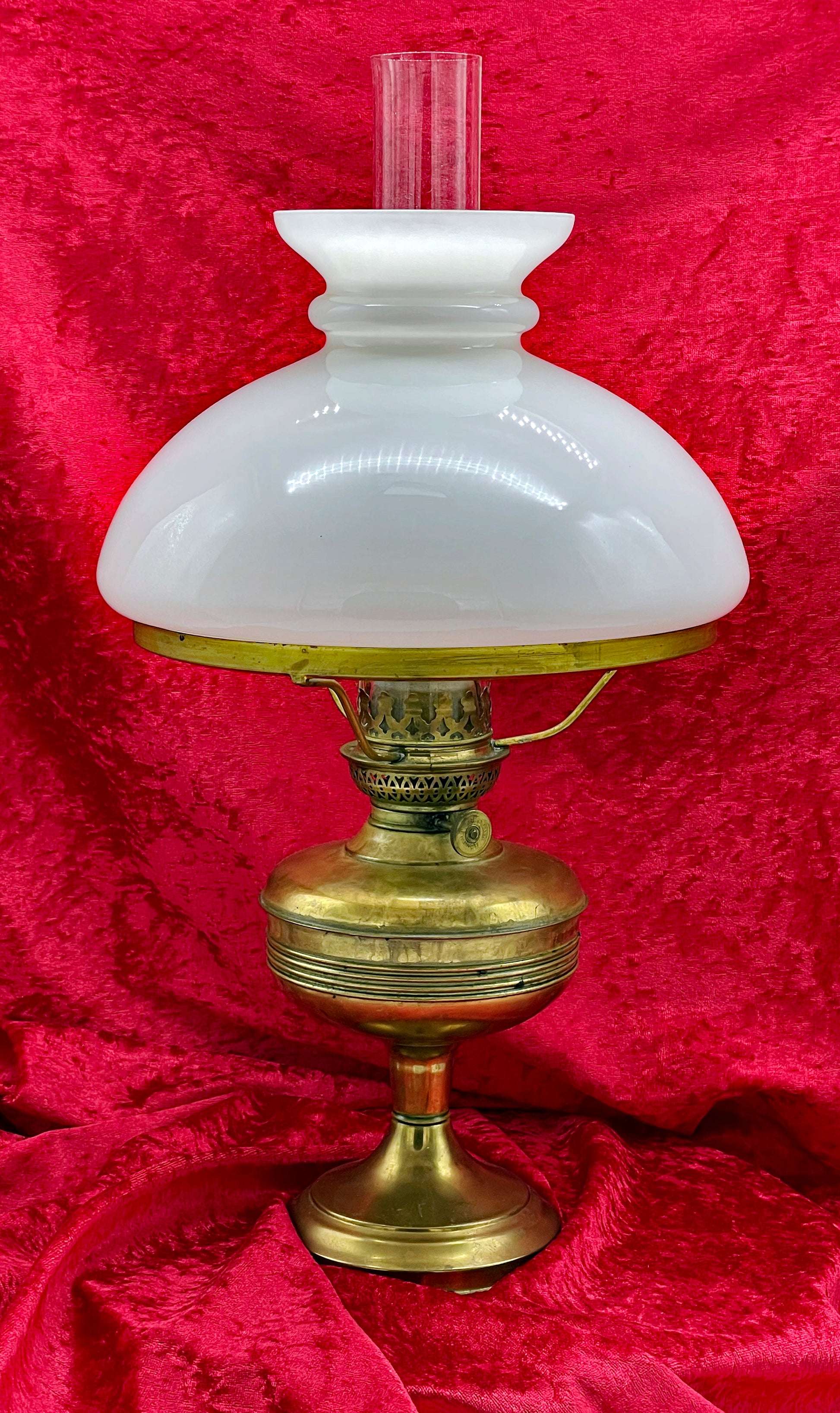 Vintage French brass oil lamp with white opaline dome shade and glass chimney