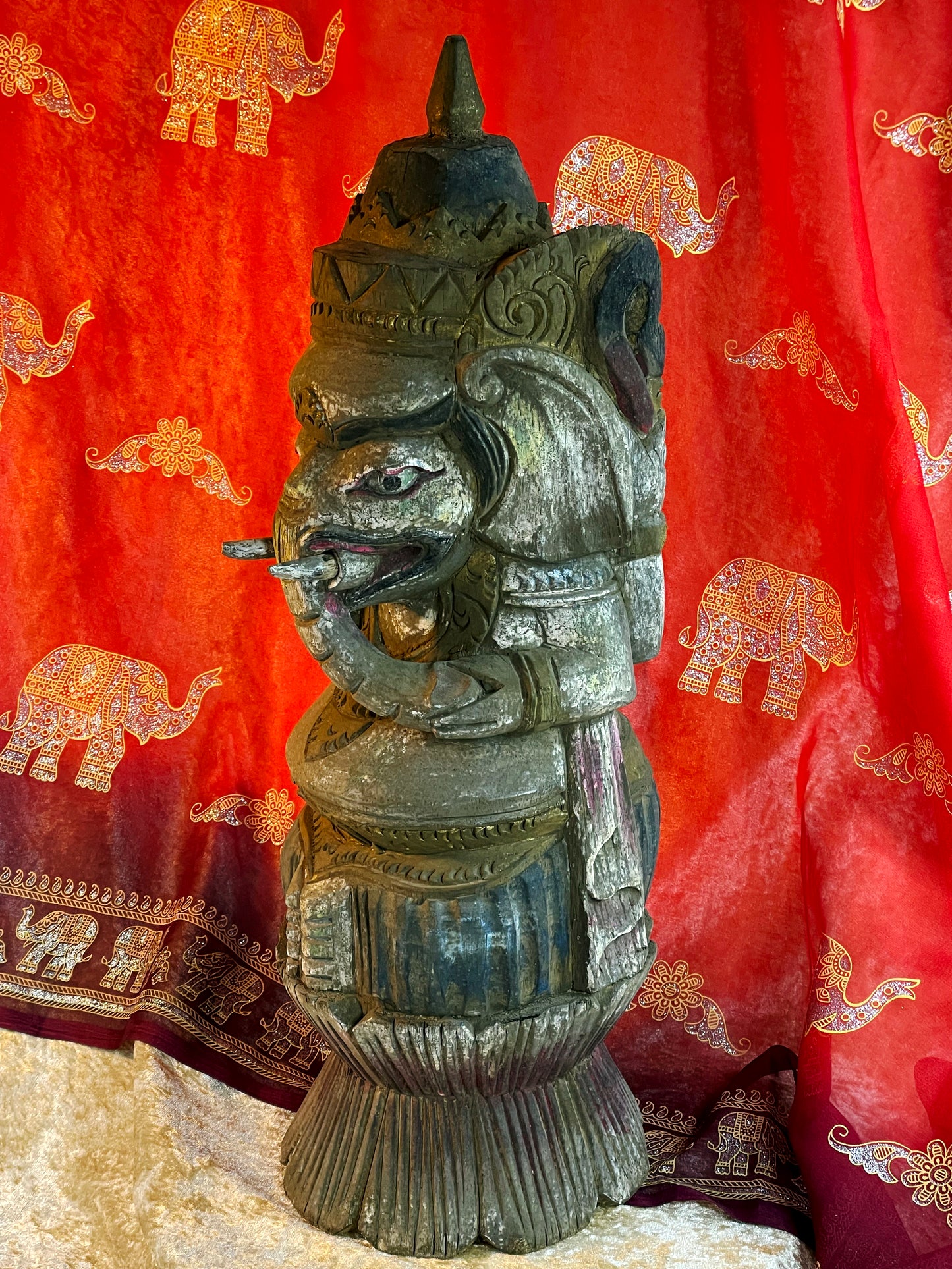 Old Balinese Ganesha Sculpture – 54 cm Hand-Carved & Polychrome Painted Wooden Statue – Rare Elephant God Variant