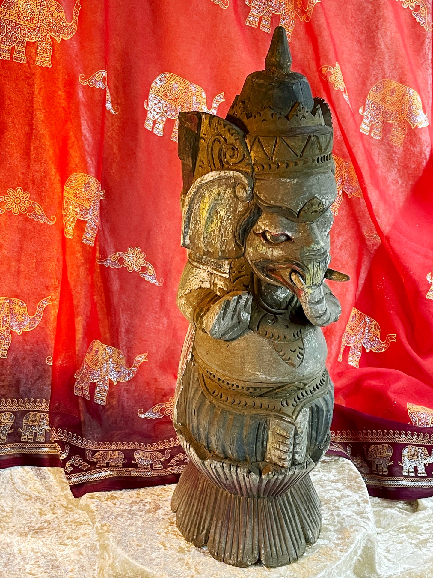 Old Balinese Ganesha Sculpture – 54 cm Hand-Carved & Polychrome Painted Wooden Statue – Rare Elephant God Variant