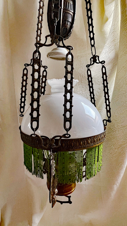 Unique Jugendstil Hanging Lamp with Green Beads