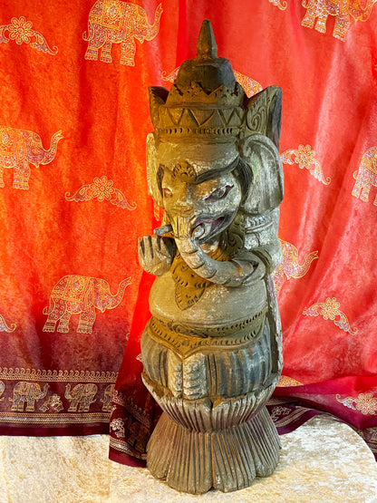 Old Balinese Ganesha Sculpture – 54 cm Hand-Carved & Polychrome Painted Wooden Statue – Rare Elephant God Variant