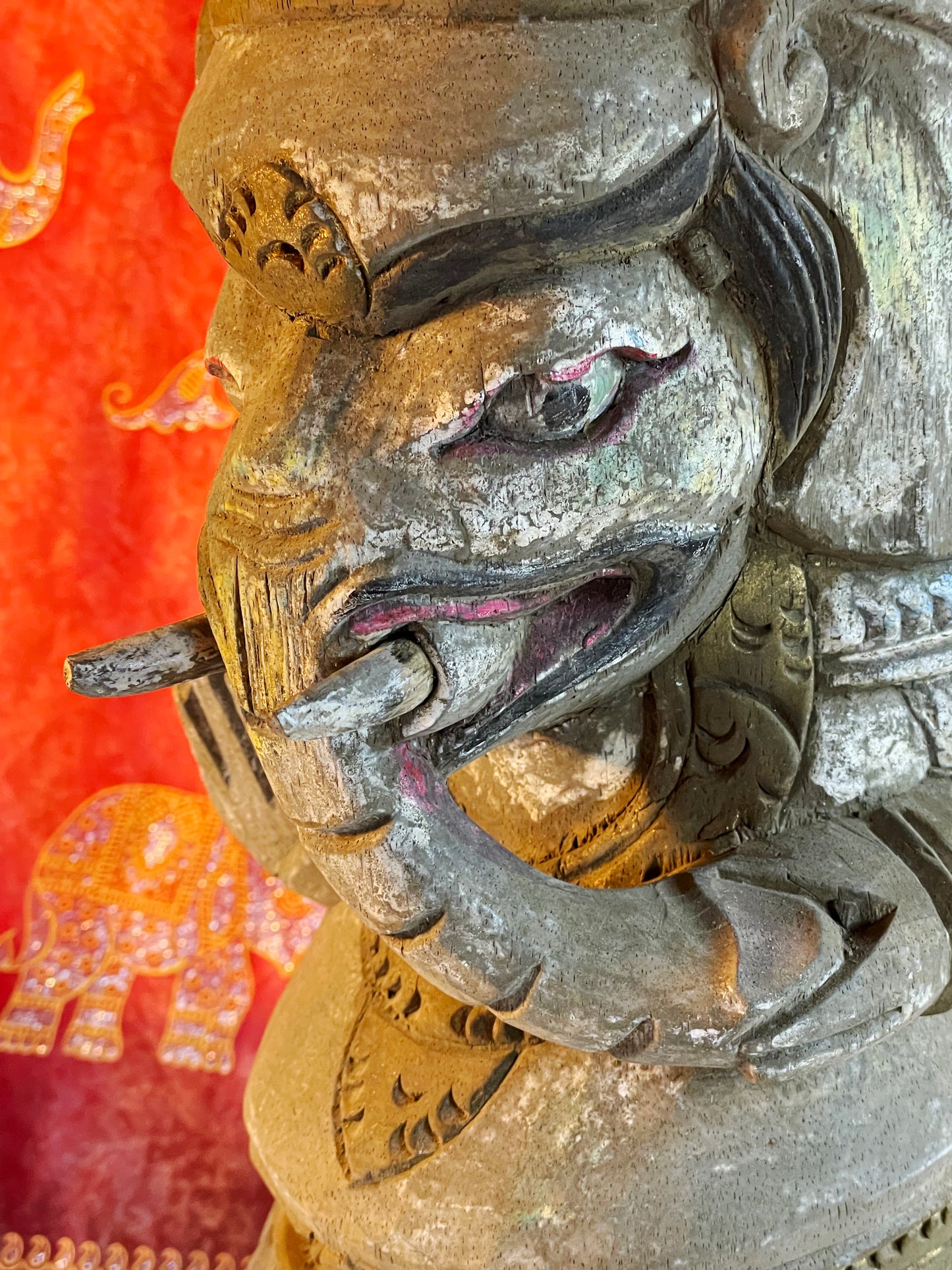 Old Balinese Ganesha Sculpture – 54 cm Hand-Carved & Polychrome Painted Wooden Statue – Rare Elephant God Variant