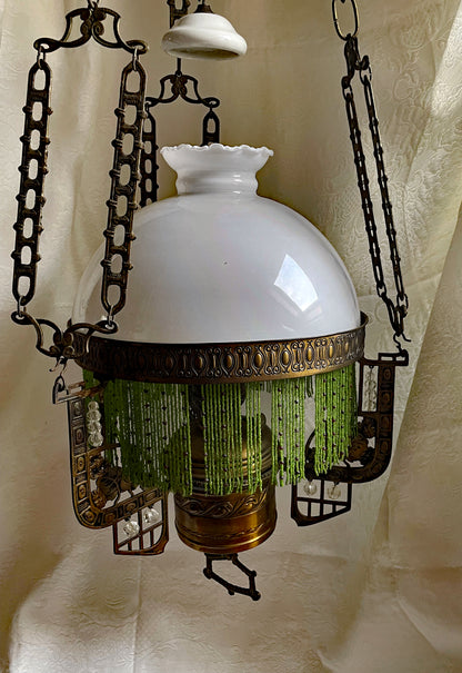 Unique Jugendstil Hanging Lamp with Green Beads