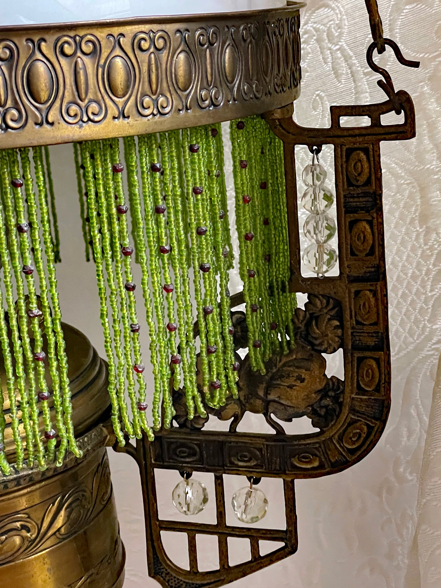 Unique Jugendstil Hanging Lamp with Green Beads