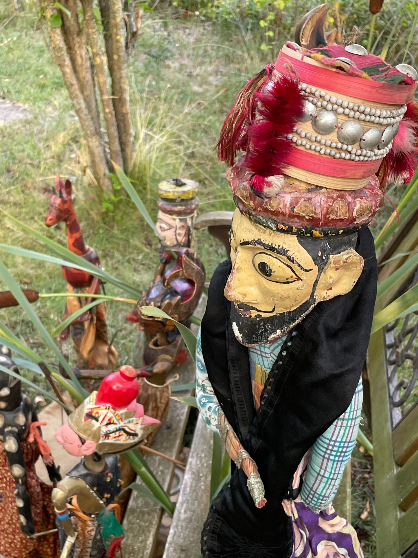 Gilded crowned Wayang Golek noble figure, hand-painted polychrome wood